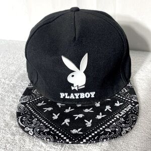 Playboy Black White Bandana Print Snap Back Hat W Playboy Bunny
